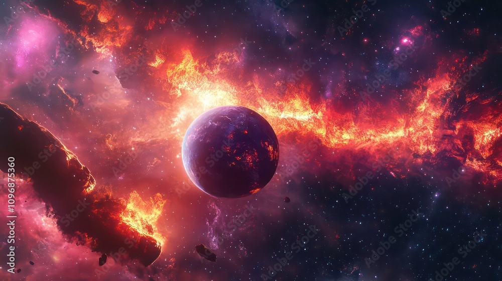 A vibrant, fiery nebula surrounds a small, blue planet in a vast, starry expanse. A vibrant, fiery nebula surrounds a small, blue planet in a vast, starry expanse.