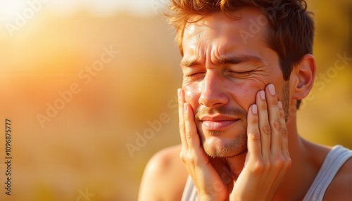 Recognize Symptoms. A man in a tank top gently massages his face, expressing a moment of relaxation or contemplation, with a warm sunset glow in the background.