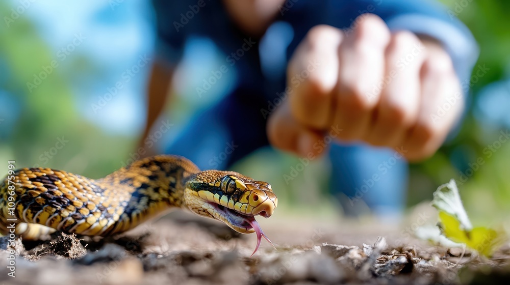 A dynamic image captures a snake poised to strike in an outdoor setting, its forked tongue visible, as a blurred human figure looms over the scene, adding suspense. A dynamic image captures a snake poised to strike in an outdoor setting, its forked tongue visible, as a blurred human figure looms over the scene, adding suspense.