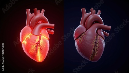 Recognize Symptoms. A striking image of two heart models, one glowing with vibrant light, symbolizing health and vitality, while the other appears more muted and lifeless.