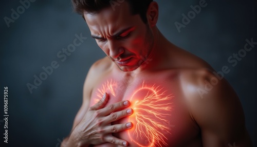 Recognize Symptoms. A man holds his chest, depicting pain or emotion, with glowing heart-like visuals representing inner struggles and vitality.