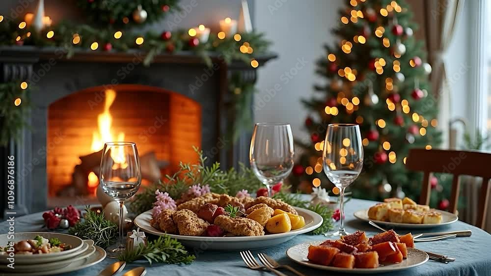 Christmas Dinner Table Setting: Fireplace, Christmas Tree, Festive Food, and Warm Ambiance Christmas Dinner Table Setting: Fireplace, Christmas Tree, Festive Food, and Warm Ambiance