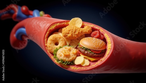 Recognize Symptoms. An illustration of unhealthy food congesting a blood vessel, highlighting the impact of diet on vascular health.