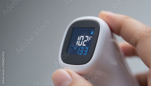Recognize Symptoms. A hand holds a digital thermometer displaying a temperature of 102F, indicating a potential fever or illness.