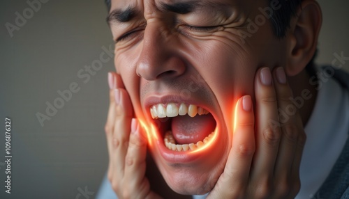 Recognize Symptoms. A distressed man holds his face in pain, showcasing discomfort, possibly from a dental issue, with glowing effects emphasizing the intensity of his expression.