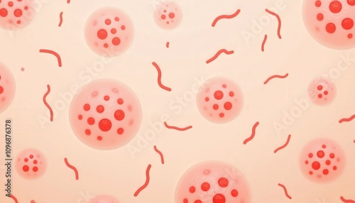 Recognize Symptoms. Abstract illustration of red bacteria and cells on a pale background, showcasing intricate biological structures and microbial life.