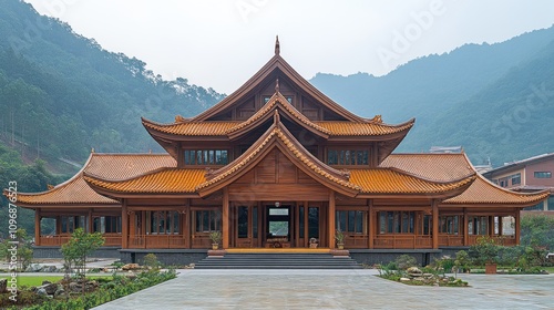 Serene Wooden Temple nestled in Mountains