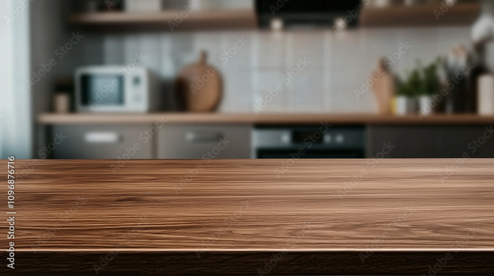 Smooth Brown Wooden Tabletop Set Against a Blurred Modern Kitchen Interior Smooth Brown Wooden Tabletop Set Against a Blurred Modern Kitchen Interior