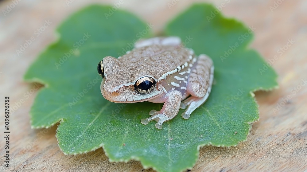 Obraz premium Tiny frog perched on a large green leaf.