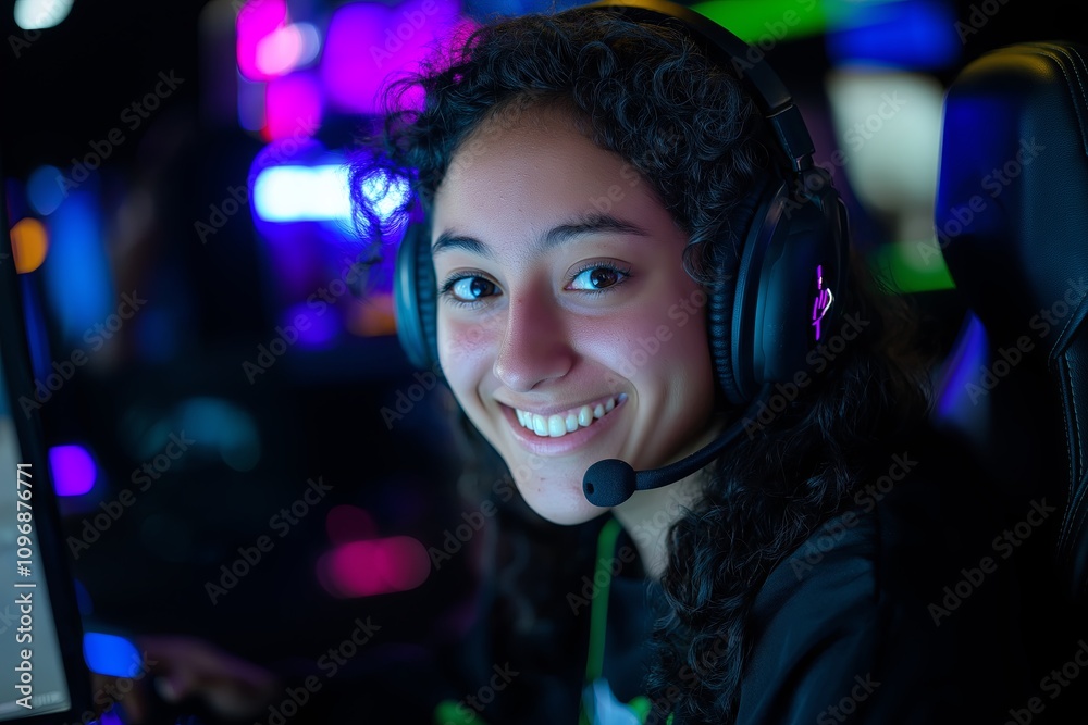 Portrait of a smiling gamer with headphones and RGB lighting in the background Portrait of a smiling gamer with headphones and RGB lighting in the background