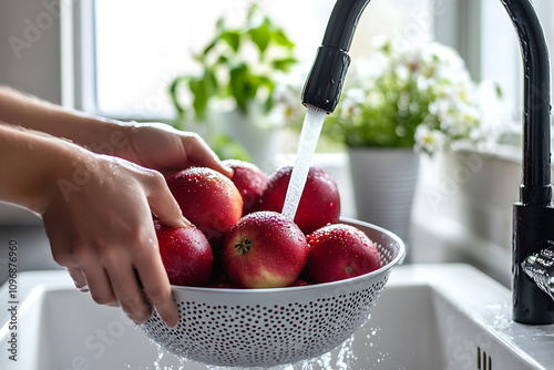 Hands Washing Fresh Red Apples in a Colander Under Running Water in a Kitchen Sink photo