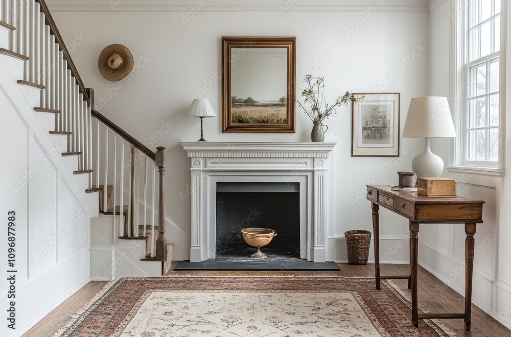 Stylish and Inviting Living Room with Elegant Decor Features a Fireplace, Stairs, Art Pieces, and Warm Lighting in a Bright and Airy Atmosphere