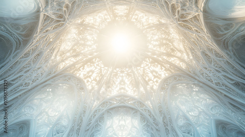 Ethereal gates of heaven with intricate patterns glowing in a soft white light. photo