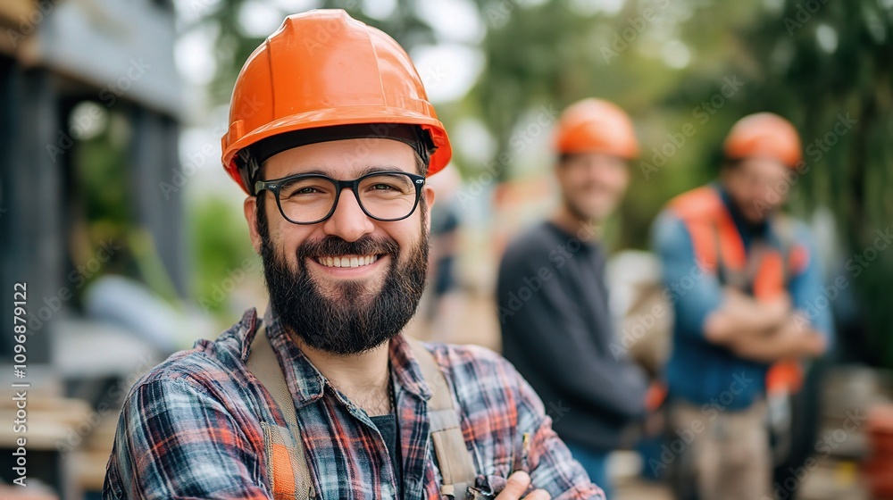 Cheerful Male Engineer Wearing Hard Hat at Work on Project Site Cheerful Male Engineer Wearing Hard Hat at Work on Project Site