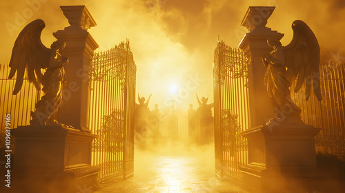 Heavenly gates glowing in golden mist flanked by statues of serene angels.