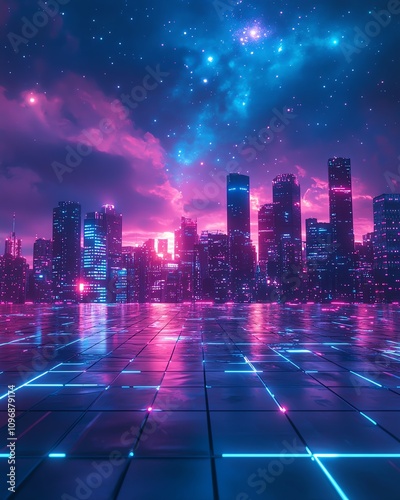 Futuristic city skyline glowing in neon blues and pinks, starry night sky with a digital grid overlay