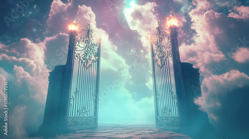 Heavenly gates glowing with iridescent light surrounded by silver clouds.