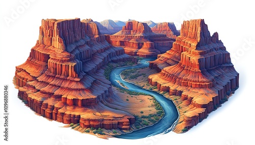 Grand Canyon illustration with a winding river and layered red rocks isolate white background