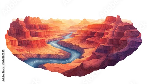 Grand Canyon illustration with a winding river and layered red rocks isolate white background
