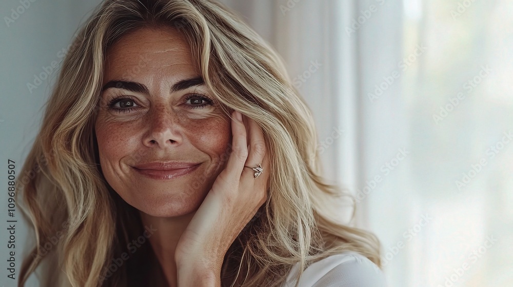 Happy Middle-Aged Woman with Flowing Blond Hair Smiling Softly Happy Middle-Aged Woman with Flowing Blond Hair Smiling Softly