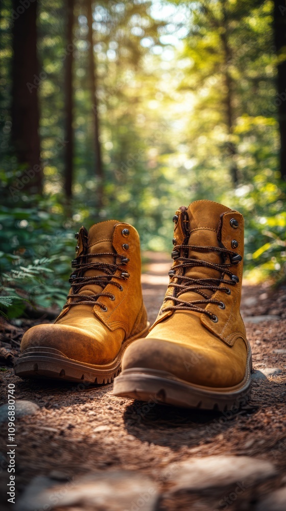 Hiking boots at trailhead in sunlit forest setting Hiking boots at trailhead in sunlit forest setting