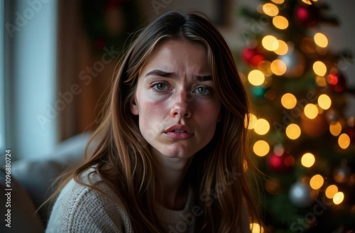 Pensive Woman Gazing Thoughtfully with Christmas Tree Glowing Behind Her