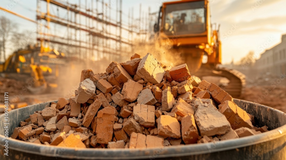 Fototapeta premium Construction Site with Debris and Bulldozer at Sunset