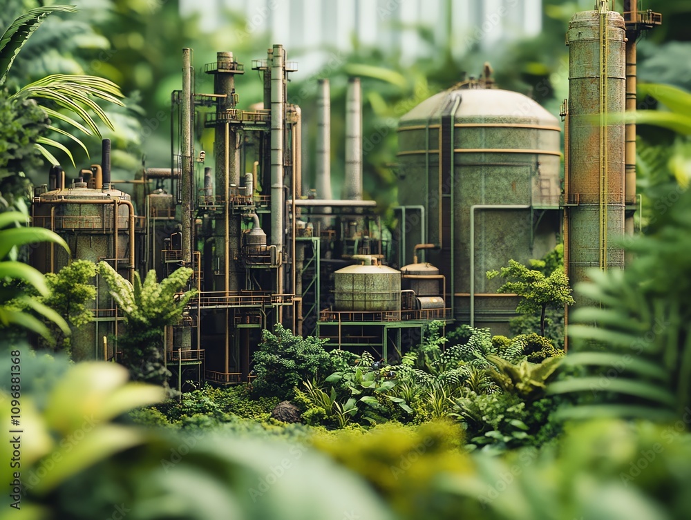 Fototapeta premium Industrial plant surrounded by greenery, realistic diorama style, Eco industrial contrast