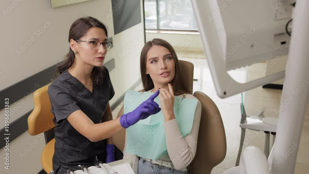 Dentist talking and showing results of x-ray teeth on screen to patient in dental chair. Treatment, healthcare and medicine