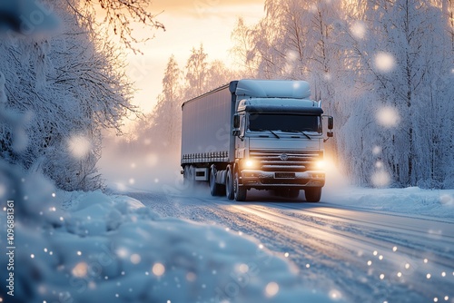 LKW fährt auf einer verschneiten und vereisten Strasse, Gefährliche Fahrt für LKWs bei schlechten Strassenbedingungen wie Eis und Schnee photo