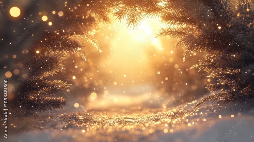 Naklejka premium Snowy forest path with fir branches and bokeh lights for new years