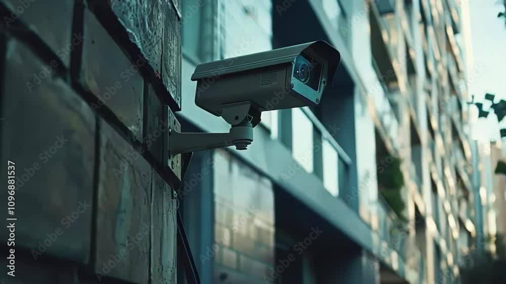 Security camera mounted on a building exterior, symbolizing surveillance and home safety concepts Security camera mounted on a building exterior, symbolizing surveillance and home safety concepts