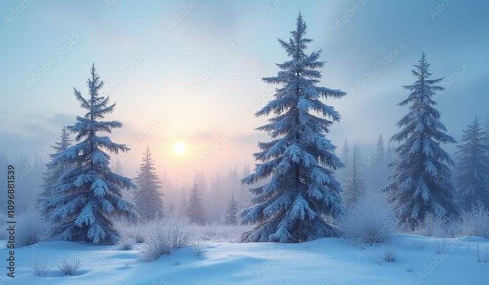 Fototapeta premium frosty pine trees stand serene winter landscape amidst snowfall calm blue sky setting sun