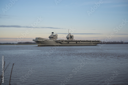 Hamburg Germany, 23.11.2024:  HMS Queen Elizabeth sails in the Elbe