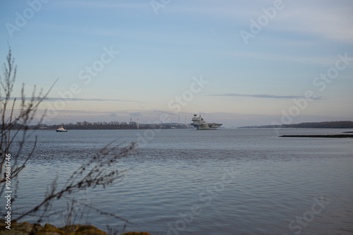 Hamburg Germany, 23.11.2024:  HMS Queen Elizabeth sails in the Elbe