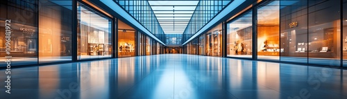 Luxurious, empty shopping mall corridor with glassfronted stores, polished floors reflecting lights, modern and sleek, symmetrical composition photo