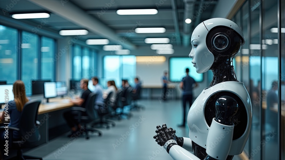 A humanoid robot standing in a modern office environment with people working in the background, illustrating the integration of AI in the workplace.
A humanoid robot standing in a modern office environment with people working in the background, illustrating the integration of AI in the workplace.
