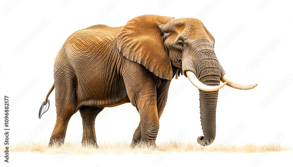Obraz premium Majestic elephant facing forward, large tusks, isolated on white isolate white background