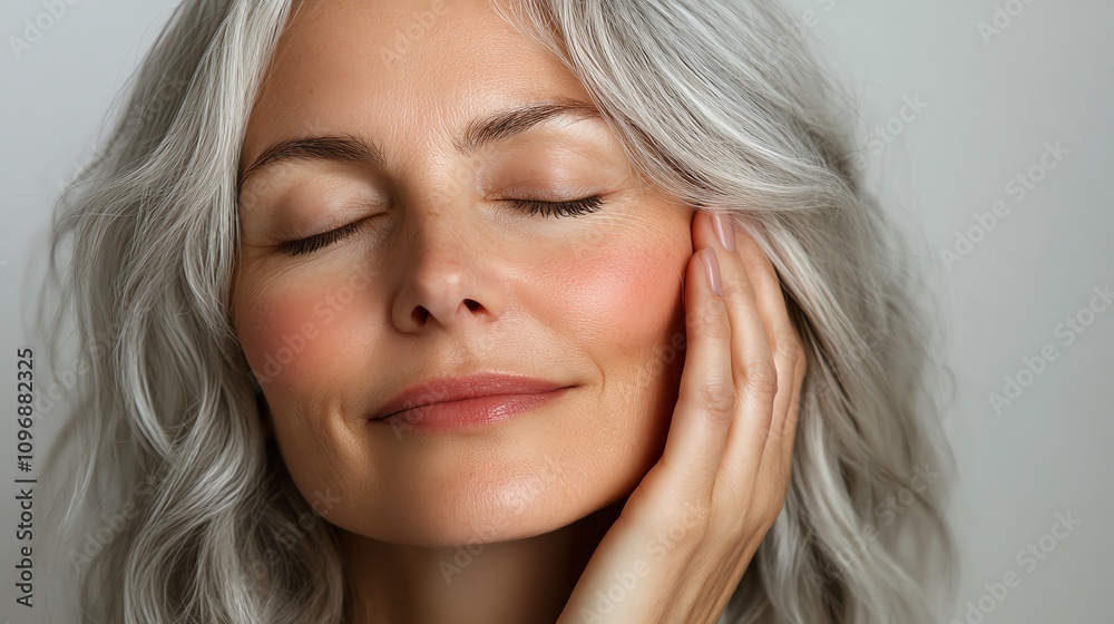 Mature woman with closed eyes, touching her face, peaceful expression, skincare focus isolate white background Mature woman with closed eyes, touching her face, peaceful expression, skincare focus isolate white background