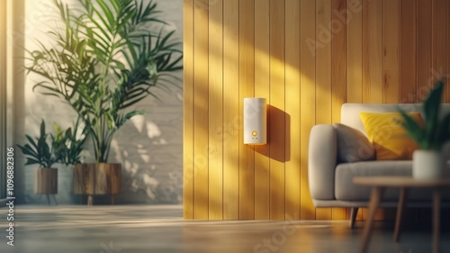 Fire alarm system concept. A detailed image showcasing an expert installing a heat detector in a sleek wooden setting, highlighting the blend of technology and aesthetics.