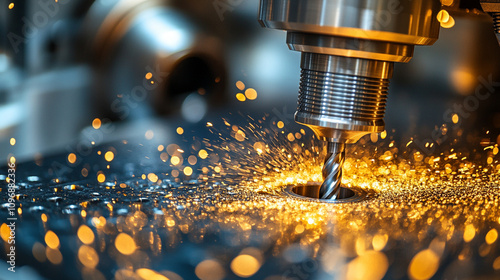 industrial drilling machine with precision metal drill bit creating sparks highlighting the power and strength of machinery symbolizing human ingenuity and advanced manufacturing technology