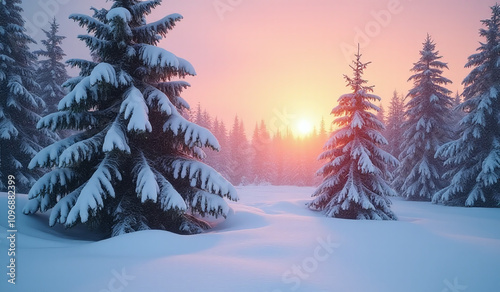 snow falls gently pine trees frozen winter landscape sunset surrounded deepening white