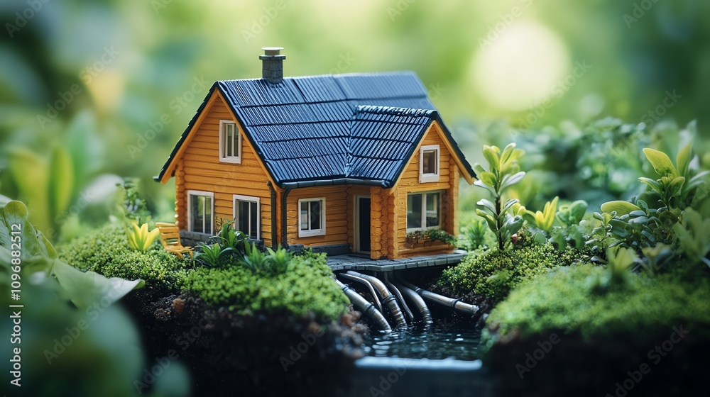 Miniature home with pipes underground, depicting sustainable energy Miniature home with pipes underground, depicting sustainable energy