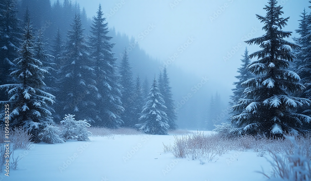 Naklejka premium snow falls gently christmas day surrounded blue winter scenery frosty backdrop evergreen trees