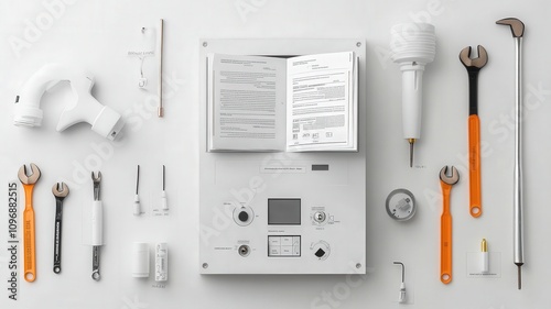Fire alarm system concept. A detailed image of a fire alarm control panel featuring an open manual, showcasing essential safety equipment and instructions.