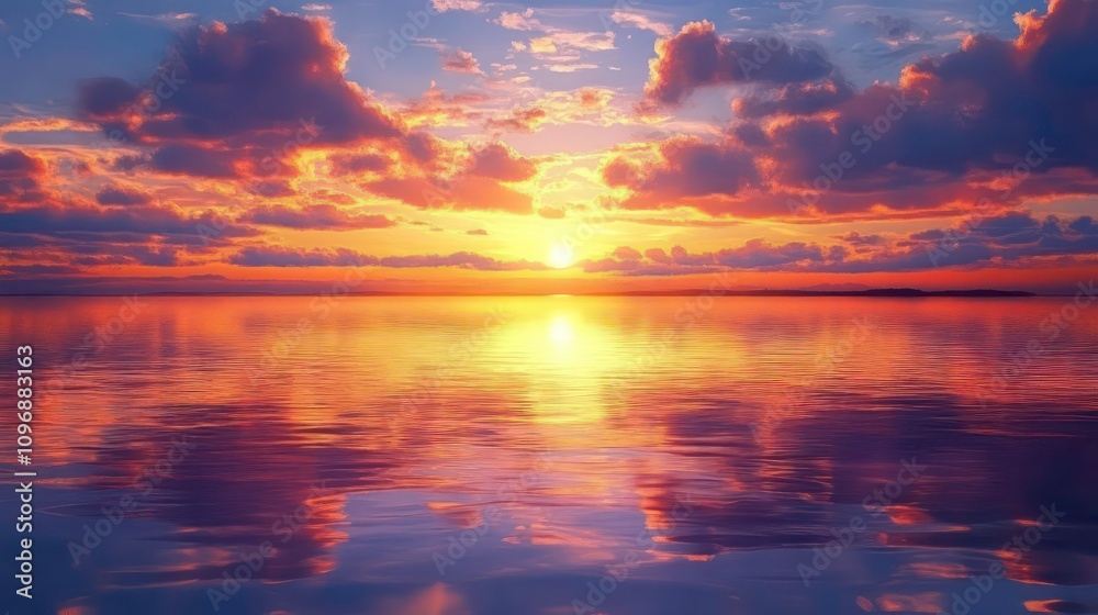 A vibrant sunset over a calm ocean, with clouds reflecting in the water. A vibrant sunset over a calm ocean, with clouds reflecting in the water.