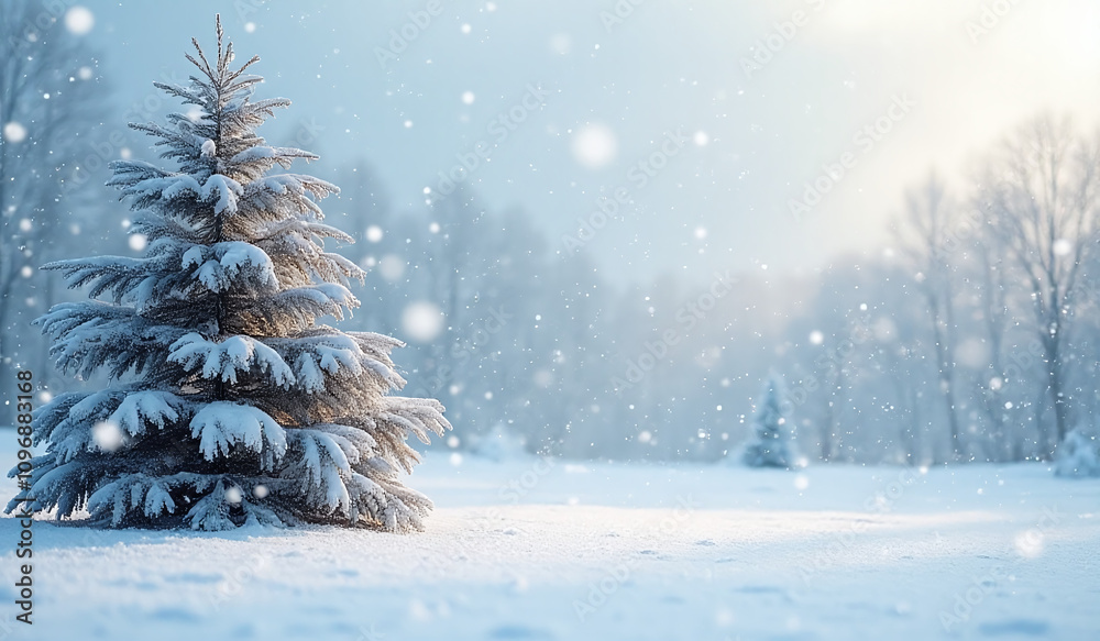 Fototapeta premium snowy winter scene features christmas tree surrounded plenty white space