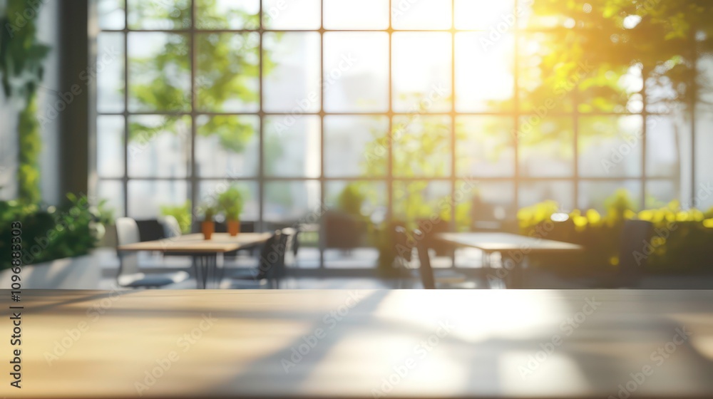 Wooden table top with blurred cafe interior and window view. Wooden table top with blurred cafe interior and window view.