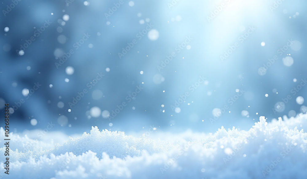 Naklejka premium soft blue winter scene features gentle falling snowflakes amidst peaceful snowy landscape delicate frozen crystals icy tones