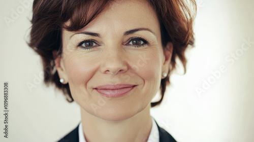 Professional woman smiling confidently in a well-lit indoor setting